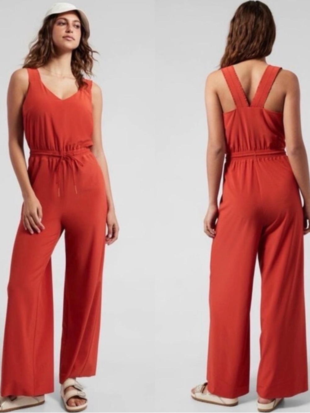 Athleta Savannah Jumpsuit V-Neck Ruch Tied Waist Wide Leg Stretrch Fabric Red 10